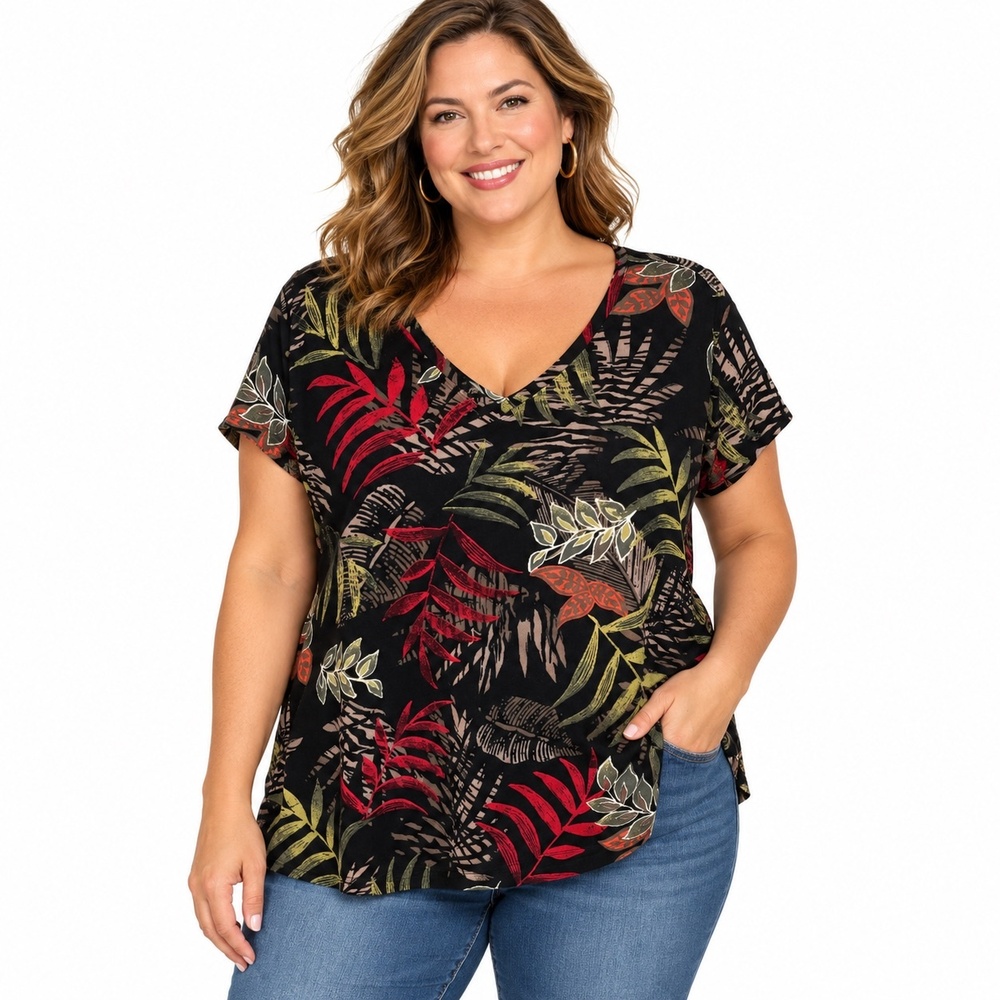 Chico's Travelers Blouse Womens Lg Black Tropical Leaf V Neck Short Sleeve Top